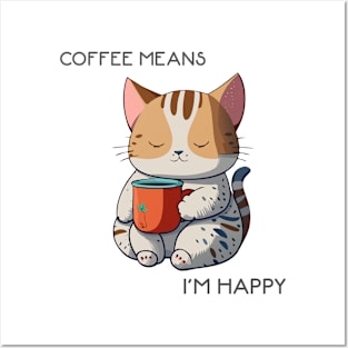 Sleepy Cat Holding a Mug  Happy - Coffee Cat Posters and Art